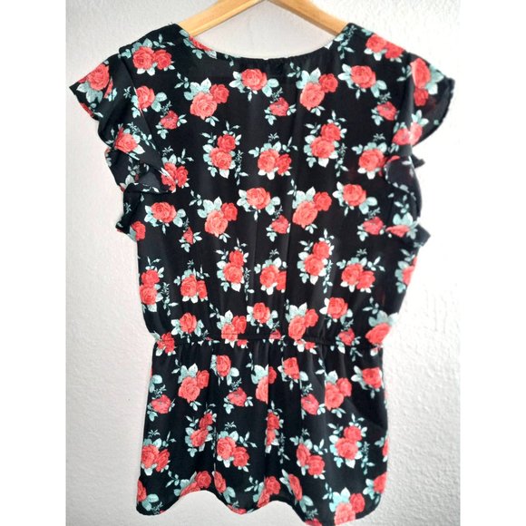 Almost Famous Summer Floral Ruffle Short Sleeve Elastic Waist Red Blue L Blouse - Picture 4 of 9